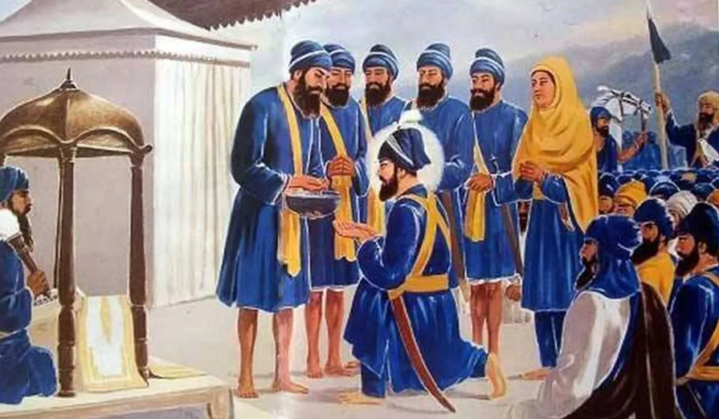 Guru Gobind Singh Ji sat on his knees in front of Panj Pyares