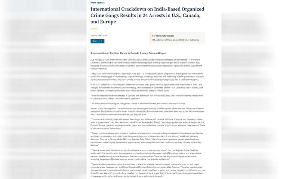 Operation Hard Ball: Has America Finally Stopped Being a Safe Haven for Anti-India Gangsterism? 4 press release